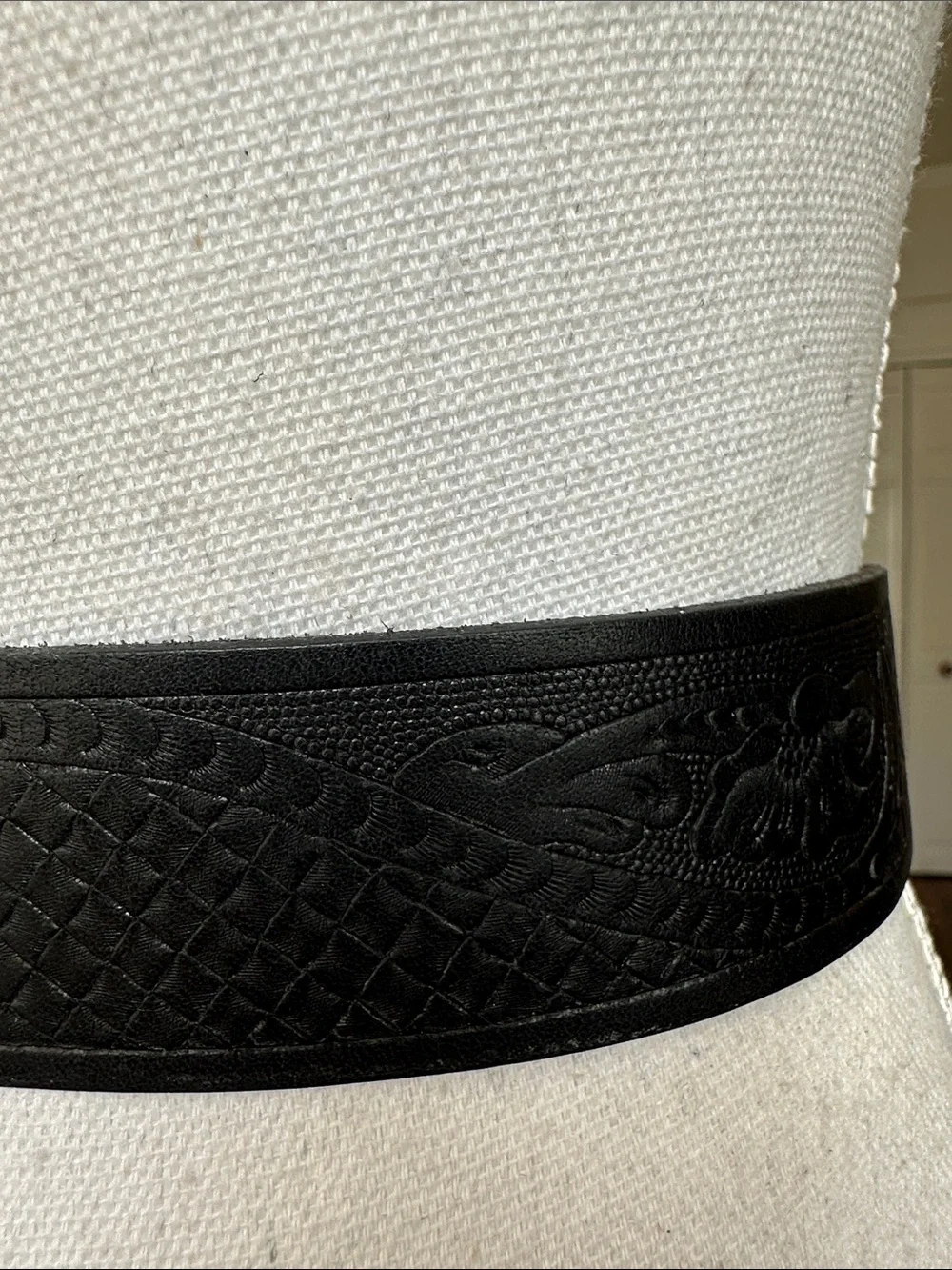 Western Tooled Black Leather Belt with Removable Oval Silver-tone Buckle 34